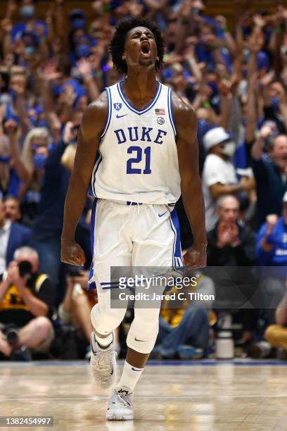 Griffin of the Duke Blue Devils reacts during the first half of the game against the North Carolina Tar Heels at Cameron Indoor Stadium on March 05,...