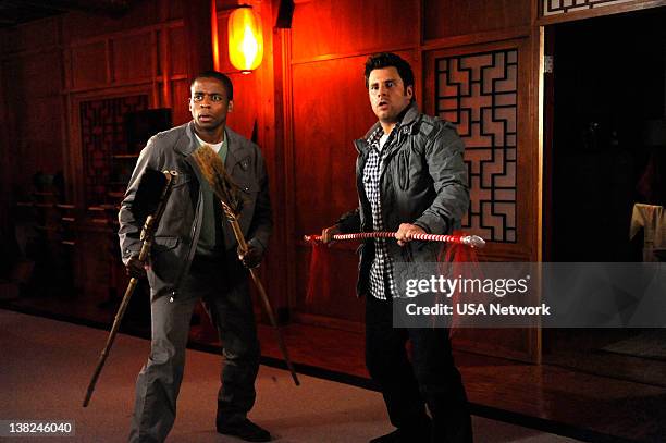 Romeo and Juliet and Juliet" Episode -- Pictured: Dule Hill as Gus, James Roday as Shawn Spencer