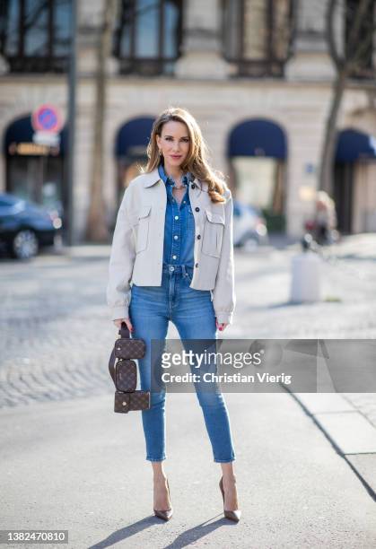 Alexandra Lapp is seen wearing JOOP! blouson in beige, JOOP! denim blouse in mid blue, JOOP! skinny jeans in mid blue, JOOP! multi pocket bag Cortina...