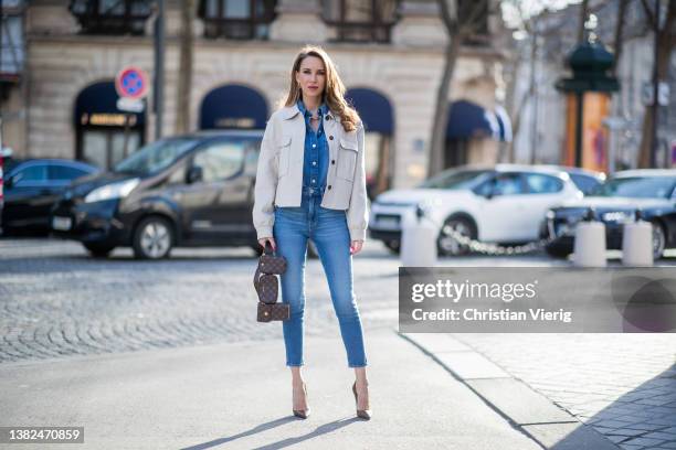 Alexandra Lapp is seen wearing JOOP! blouson in beige, JOOP! denim blouse in mid blue, JOOP! skinny jeans in mid blue, JOOP! multi pocket bag Cortina...