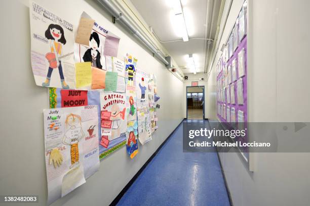 Hallways are plush with student projects again at Yung Wing School P.S. 124 on March 07, 2022 in New York City. Despite the fact that masks are...