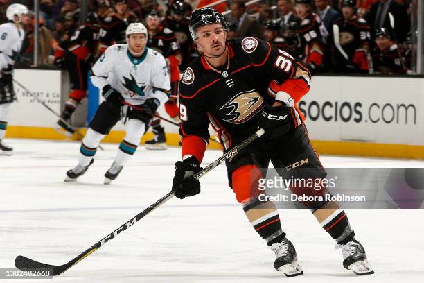Sam Carrick of the Anaheim Ducks skates during the game against the San Jose Sharks at Honda Center on March 6, 2022 in Anaheim, California.