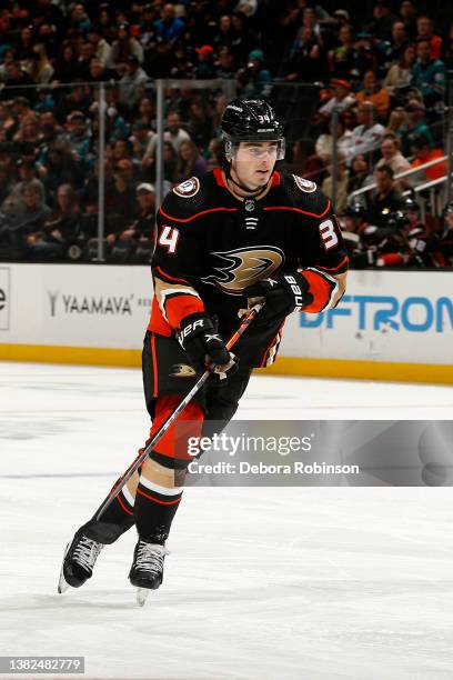 Jamie Drysdale of the Anaheim Ducks skates during the game against the San Jose Sharks at Honda Center on March 6, 2022 in Anaheim, California.