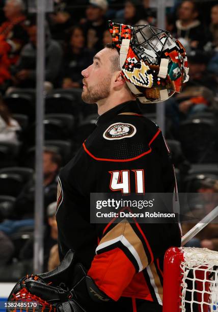 Anthony Stolarz of the Anaheim Ducks waits for a face-off during the game against the San Jose Sharks at Honda Center on March 6, 2022 in Anaheim,...