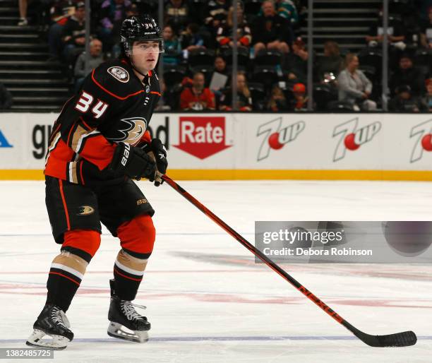 Jamie Drysdale of the Anaheim Ducks skates during the game against the San Jose Sharks at Honda Center on March 6, 2022 in Anaheim, California.