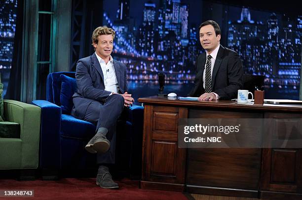 Episode 46 -- Airdate -- Pictured: Actor Simon Baker during an interview with host Jimmy Fallon on May 18, 2009