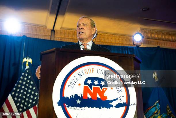 Former New York State Governor George Pataki speaks at the New York State Republican convention at the Garden City Hotel in Garden City, New York on...