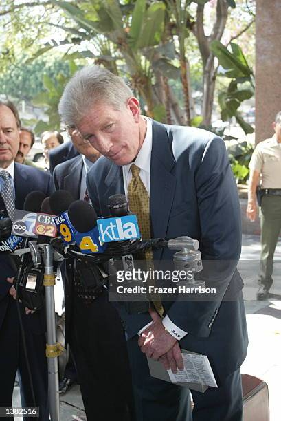 Attorney for billionare Kirk Kerkorian, Dennis M. Wasser, speaks to the press after winning the child support payment dispute case against...