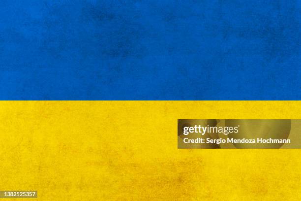 ukrainian flag with a grunge texture - vlag van oekraïne stockfoto's en -beelden