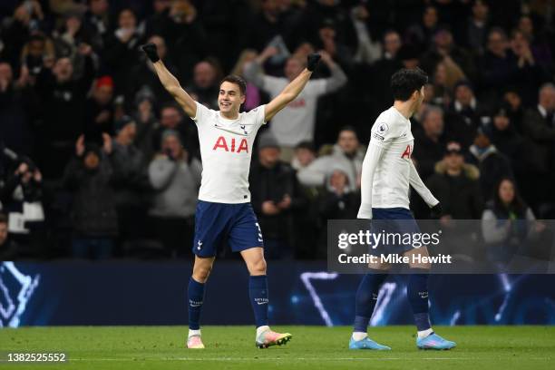 Sergio Reguilon of Tottenham Hotspur celebrates after scoring their sides fourth goal during the Premier League match between Tottenham Hotspur and...