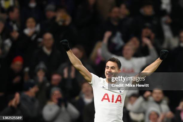 Sergio Reguilon of Tottenham Hotspur celebrates after scoring their sides fourth goal during the Premier League match between Tottenham Hotspur and...
