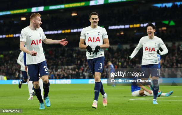 Sergio Reguilon of Tottenham Hotspur celebrates after scoring their team's fourth goal during the Premier League match between Tottenham Hotspur and...