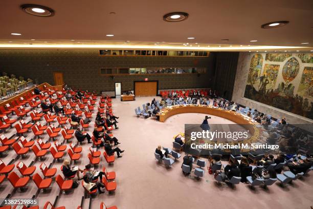 Members of the U.N. Security Council meet to discuss the humanitarian crisis in Ukraine at the United Nations headquarters on March 07, 2022 in New...