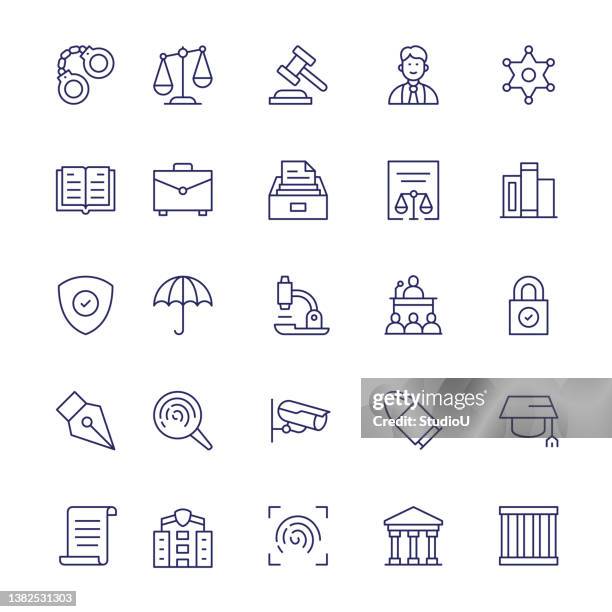 ilustrações de stock, clip art, desenhos animados e ícones de law and crime editable stroke line icons - martelo justiça