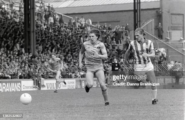 Peter Beardsley of Newcastle United in action during a 2-2 draw against Huddersfield Town at Leeds Road on May 7, 1984 which seals promotion for...