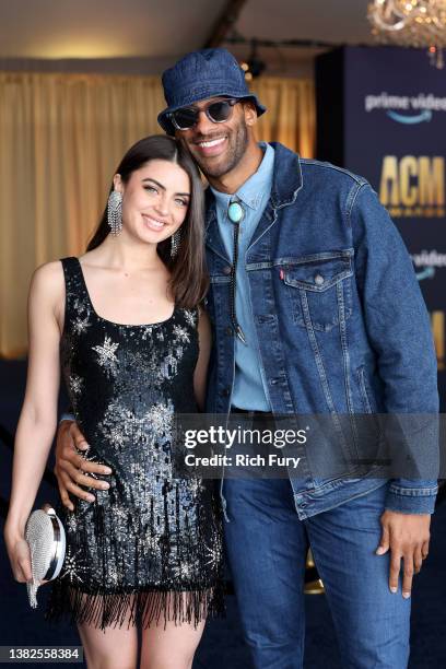 Rachael Kirkconnell and Matt James attend the 57th Academy of Country Music Awards at Allegiant Stadium on March 07, 2022 in Las Vegas, Nevada.