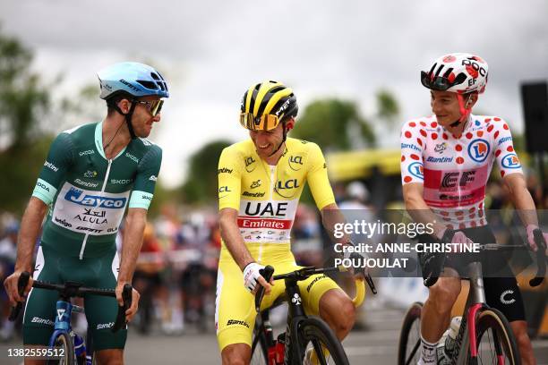 Team Emirates' British rider Adam Yates wearing the overall leader's yellow jersey and his brother Team Jayco Alula's British rider Simon Yates...