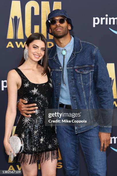 Rachael Kirkconnell and Matt James attend the 57th Academy of Country Music Awards at Allegiant Stadium on March 07, 2022 in Las Vegas, Nevada.