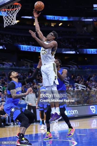 Jalen Smith of the Indiana Pacers shoots against the Orlando Magic during the first half at Amway Center on March 02, 2022 in Orlando, Florida. NOTE...