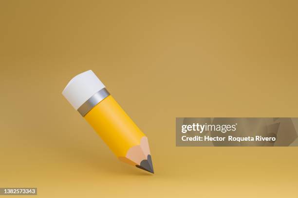 computer generated image of orange pencil with eraser on orange background with paper spheres coming out - 3d render pencils stockfoto's en -beelden