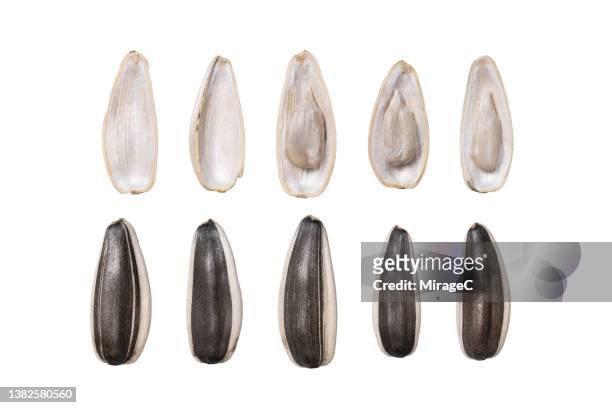 peeled and whole unshelled black sunflower seeds set isolated on white - sunflower seed stock pictures, royalty-free photos & images