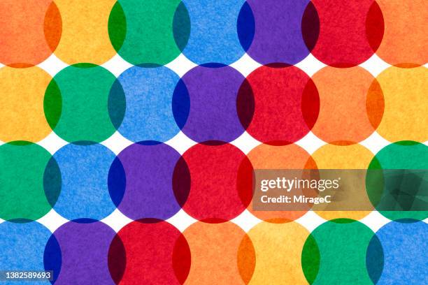 rainbow circle paper overlapping spotted pattern - interlocking circle stock pictures, royalty-free photos & images