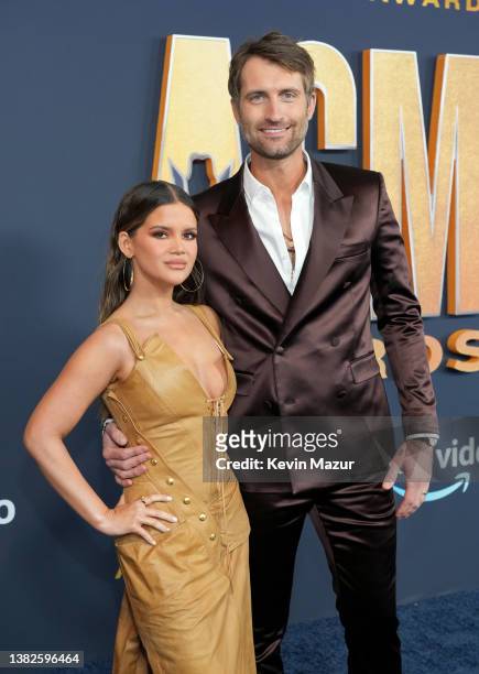 Maren Morris and Ryan Hurd attend the 57th Academy of Country Music Awards at Allegiant Stadium on March 07, 2022 in Las Vegas, Nevada.