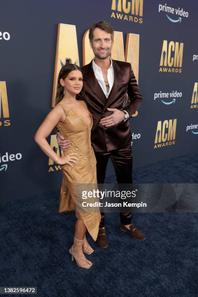 Maren Morris and Ryan Hurd attend the 57th Academy of Country Music Awards at Allegiant Stadium on March 07, 2022 in Las Vegas, Nevada.