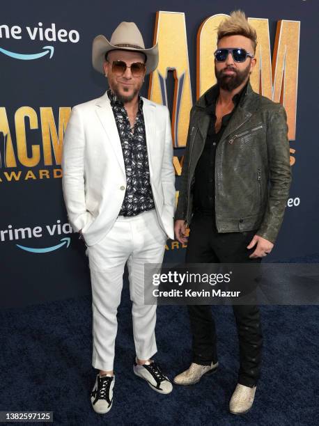 Preston Brust and Chris Lucas of LoCash attend the 57th Academy of Country Music Awards at Allegiant Stadium on March 07, 2022 in Las Vegas, Nevada.