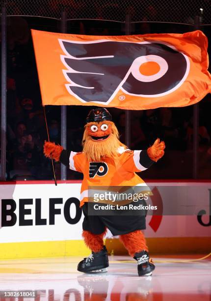 Gritty the mascot of the Philadelphia Flyers skates onto the ice prior to an NHL game against the Edmonton Oilers at the Wells Fargo Center on March...