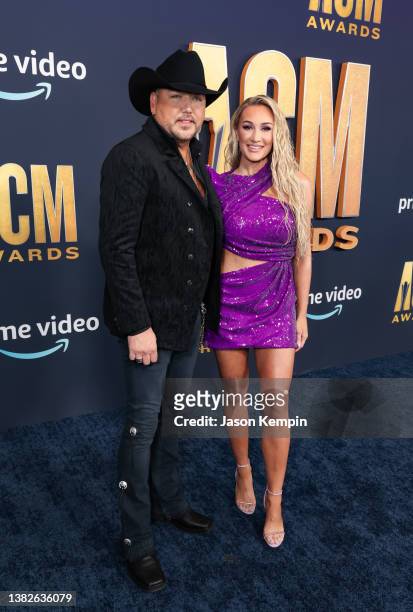 Jason Aldean and Brittany Kerr attend the 57th Academy of Country Music Awards at Allegiant Stadium on March 07, 2022 in Las Vegas, Nevada.