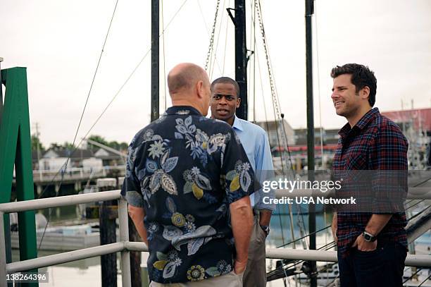 Episode 5006 -- Pictured: Corbin Bernsen as Henry, Dule Hill as Gus, James Roday as Shawn Spencer