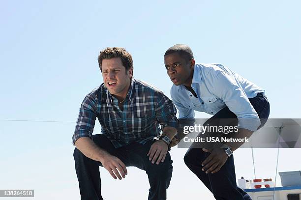 Episode 5008 -- Pictured: James Roday as Shawn Spencer, Dule Hill as Gus Guster