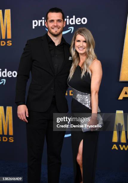 Derek Carr and Heather Neel attend the 57th Academy of Country Music Awards at Allegiant Stadium on March 07, 2022 in Las Vegas, Nevada.