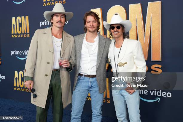 Mark Wystrach, of Midland, Luke Grimes and Cameron Duddy, of Midland attend the 57th Academy of Country Music Awards at Allegiant Stadium on March...