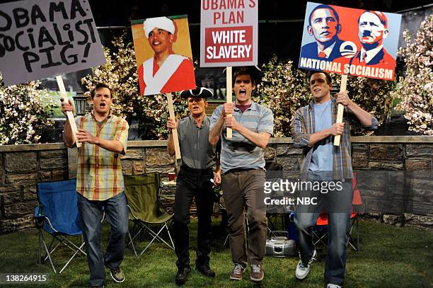Episode 1573 "Ryan Phillippe" -- Pictured: Will Forte, Ryan Phillippe, Bill Haber, Jason Sudeikis during the "Song Memories" skit on April 17, 2010