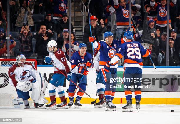 Anders Lee of the New York Islanders celebrates his first period goal against the Colorado Avalanche at the UBS Arena on March 07, 2022 in Elmont,...