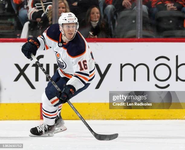 Tyler Benson of the Edmonton Oilers skates against the Philadelphia Flyers at the Wells Fargo Center on March 1, 2022 in Philadelphia, Pennsylvania.