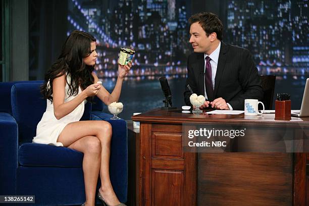 Episode 465 -- Pictured: Musical Guest Selena Gomez in an interview with Jimmy Fallon on June 23, 2011