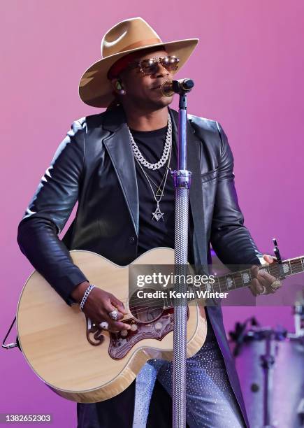 In this image released on March 07 Jimmie Allen performs onstage during the the 57th Academy of Country Music Awards at Allegiant Stadium on March...