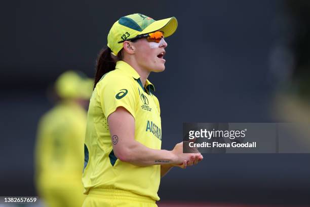 Megan Schutt of Australia in the field during the 2022 ICC Women's Cricket World Cup match between Australia and Pakistan at Bay Oval on March 08,...