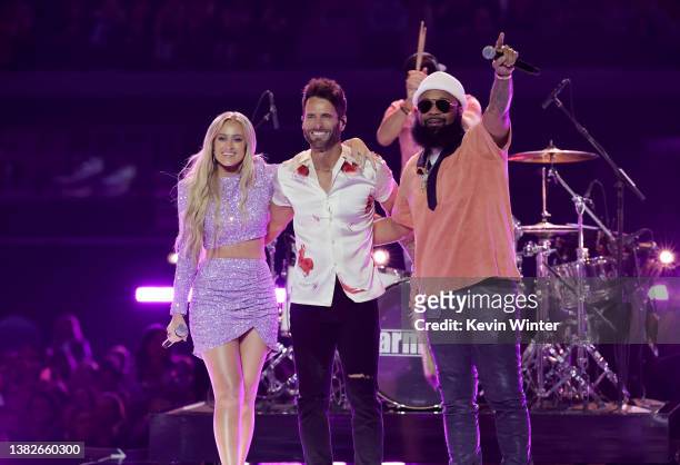 Brooke Eden, Matt Thomas of Parmalee, and Blanco Brown perform onstage during the 57th Academy of Country Music Awards at Allegiant Stadium on March...