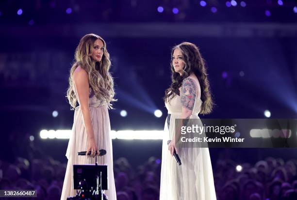 Carly Pearce and Ashley McBryde perform onstage during the 57th Academy of Country Music Awards at Allegiant Stadium on March 07, 2022 in Las Vegas,...