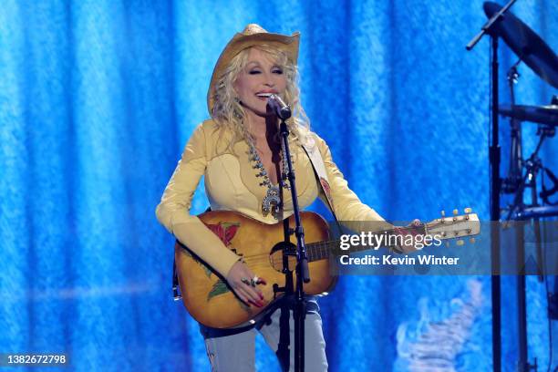 Dolly Parton performs onstage during the 57th Academy of Country Music Awards at Allegiant Stadium on March 07, 2022 in Las Vegas, Nevada.