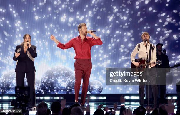 Hillary Scott, Charles Kelley, and Dave Haywood of Lady A perform onstage during the 57th Academy of Country Music Awards at Allegiant Stadium on...