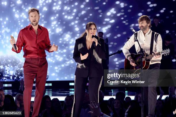 Charles Kelley, Hillary Scott, and Dave Haywood of Lady A perform onstage during the 57th Academy of Country Music Awards at Allegiant Stadium on...