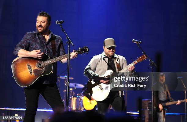 Chris Young and Mitchell Tenpenny perform onstage during the 57th Academy of Country Music Awards at Allegiant Stadium on March 07, 2022 in Las...