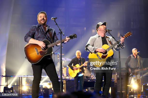 Chris Young and Mitchell Tenpenny perform onstage during the 57th Academy of Country Music Awards at Allegiant Stadium on March 07, 2022 in Las...