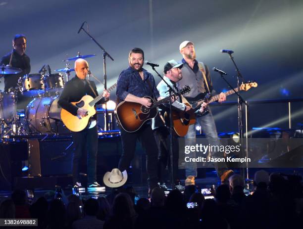 Chris Young and Mitchell Tenpenny perform onstage during the 57th Academy of Country Music Awards at Allegiant Stadium on March 07, 2022 in Las...