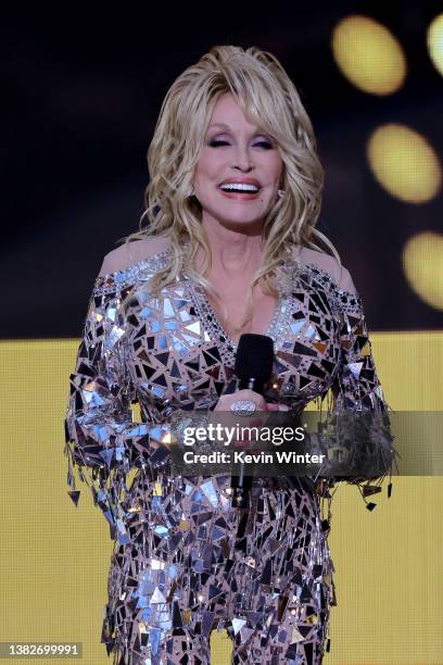 Co-host Dolly Parton speaks onstage during the 57th Academy of Country Music Awards at Allegiant Stadium on March 07, 2022 in Las Vegas, Nevada.
